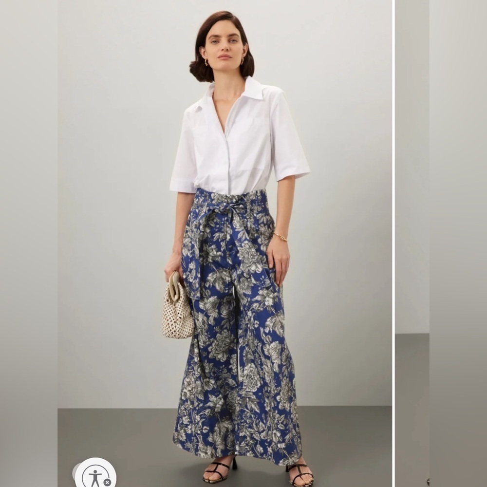 Adam Lippes Blue and White Floral Wide-Leg Pants